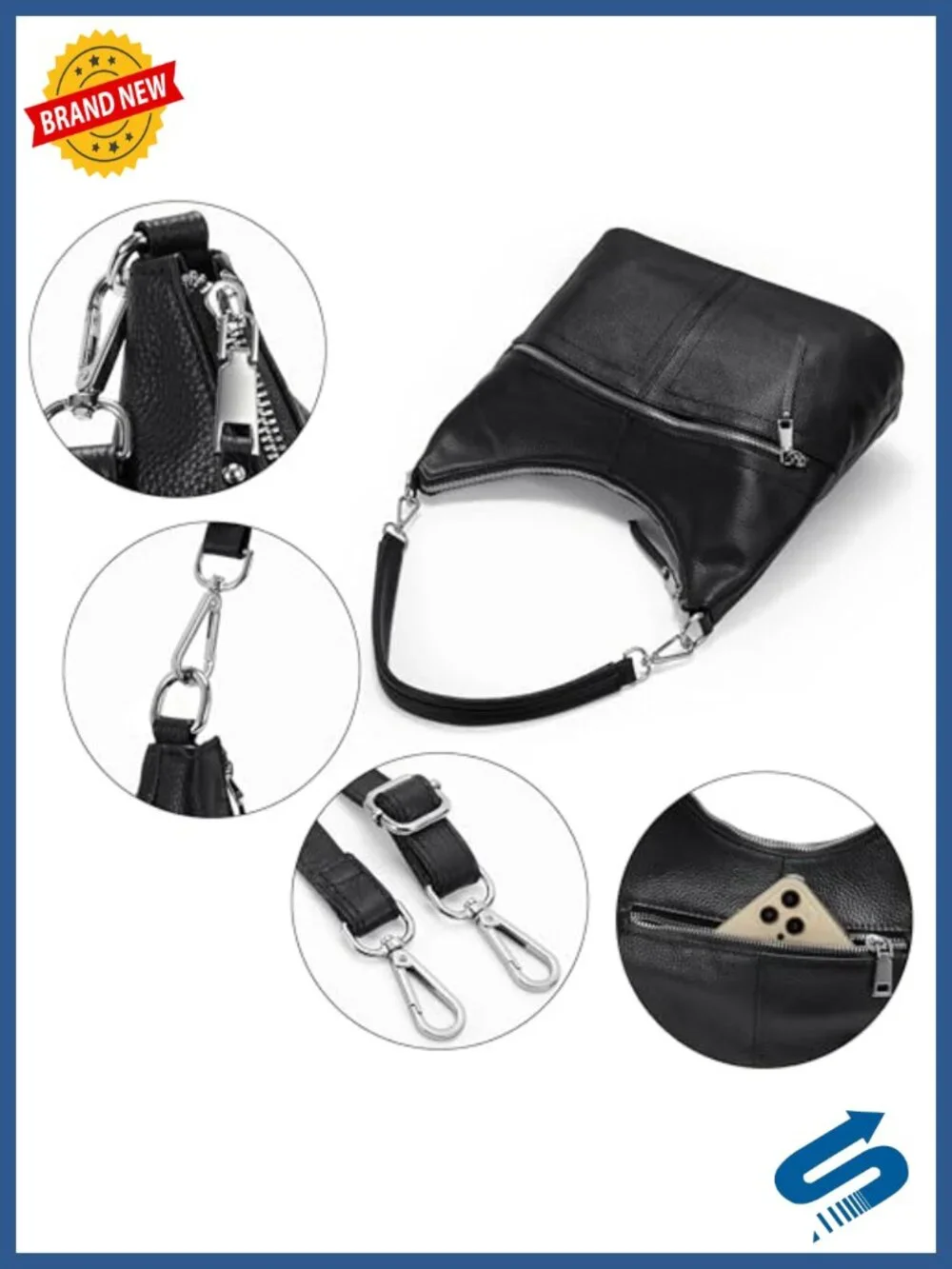 Genuine Leather Hobo Bag with Crossbody Strap and Coin Purse